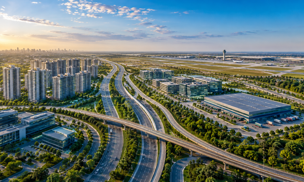 Aerial view of the Noida International Airport corridor featuring modern highways, commercial buildings, residential towers and logistics hubs along the Yamuna Expressway region.