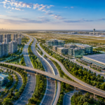 Aerial view of the Noida International Airport corridor featuring modern highways, commercial buildings, residential towers and logistics hubs along the Yamuna Expressway region.