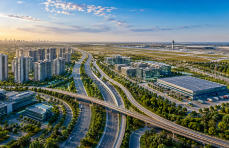 Aerial view of the Noida International Airport corridor featuring modern highways, commercial buildings, residential towers and logistics hubs along the Yamuna Expressway region.