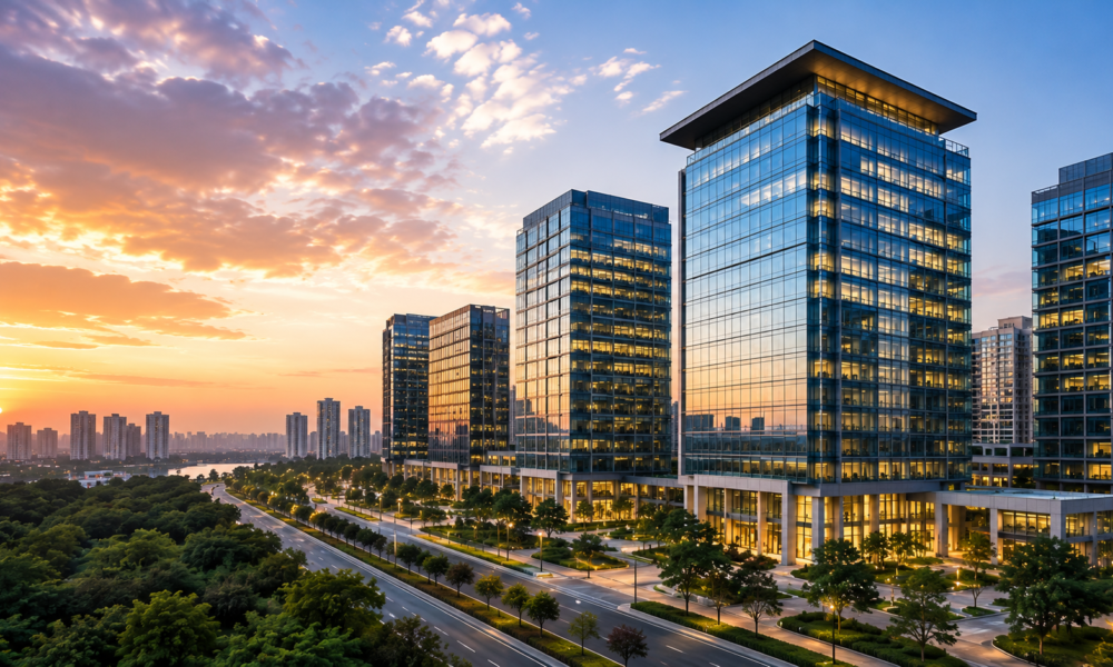 Modern Grade-A office buildings in India's commercial real estate market during sunset, representing rising office leasing demand and commercial infrastructure growth.