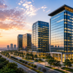 Modern Grade-A office buildings in India's commercial real estate market during sunset, representing rising office leasing demand and commercial infrastructure growth.