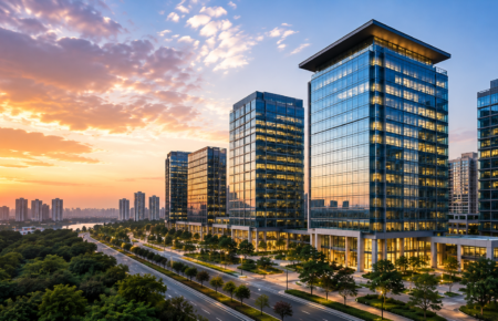 Modern Grade-A office buildings in India's commercial real estate market during sunset, representing rising office leasing demand and commercial infrastructure growth.