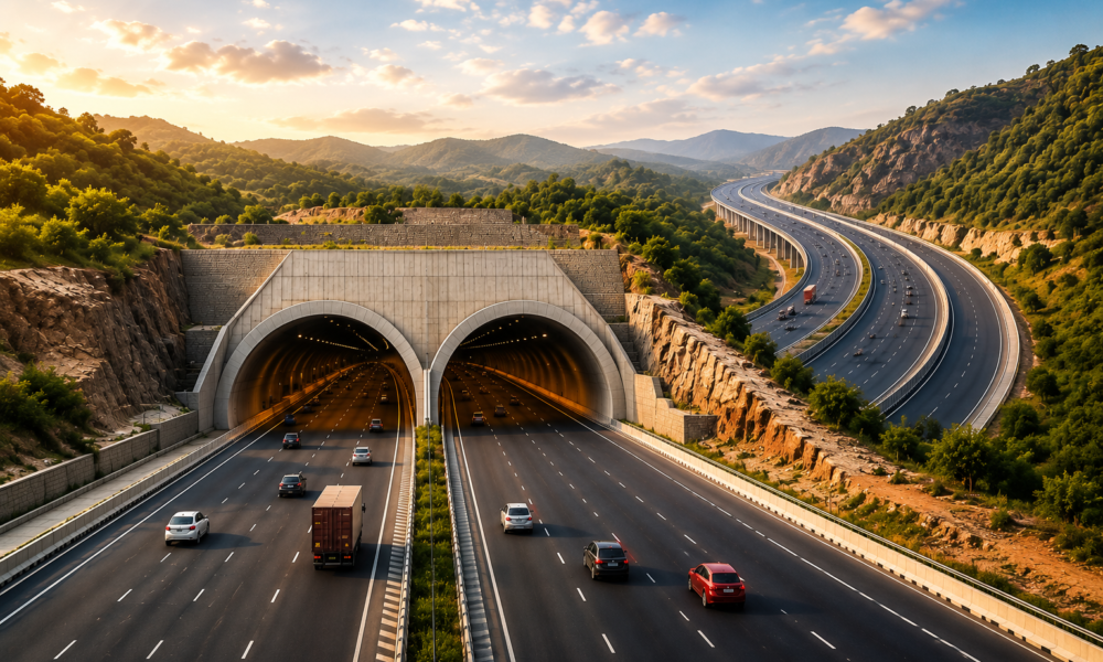 Aerial view of the Delhi-Mumbai Expressway and the newly completed eight-lane Kota Tunnel passing through the hills of Rajasthan, representing India's modern transport infrastructure and improved connectivity.