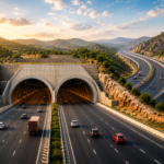 Aerial view of the Delhi-Mumbai Expressway and the newly completed eight-lane Kota Tunnel passing through the hills of Rajasthan, representing India's modern transport infrastructure and improved connectivity.