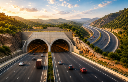 Aerial view of the Delhi-Mumbai Expressway and the newly completed eight-lane Kota Tunnel passing through the hills of Rajasthan, representing India's modern transport infrastructure and improved connectivity.
