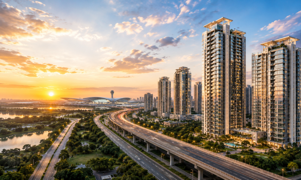 Noida Luxury Real Estate Hub featuring premium high-rise residential towers, modern expressways, and airport-led infrastructure development at sunset.