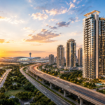 Noida Luxury Real Estate Hub featuring premium high-rise residential towers, modern expressways, and airport-led infrastructure development at sunset.