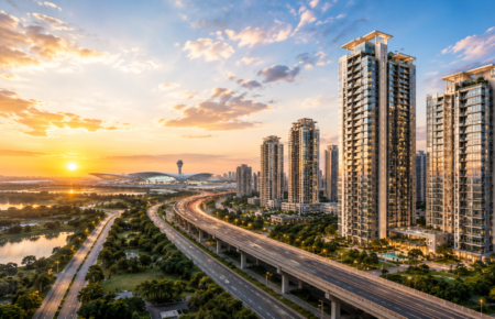 Noida Luxury Real Estate Hub featuring premium high-rise residential towers, modern expressways, and airport-led infrastructure development at sunset.