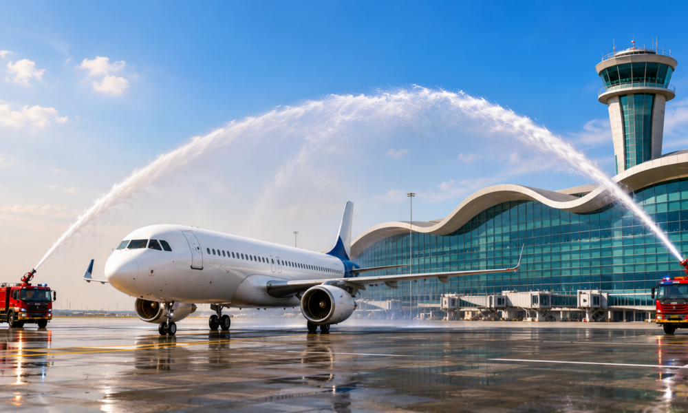 A commercial aircraft receives a ceremonial water cannon salute at Noida International Airport, with the modern terminal building in the background.
