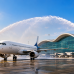 A commercial aircraft receives a ceremonial water cannon salute at Noida International Airport, with the modern terminal building in the background.