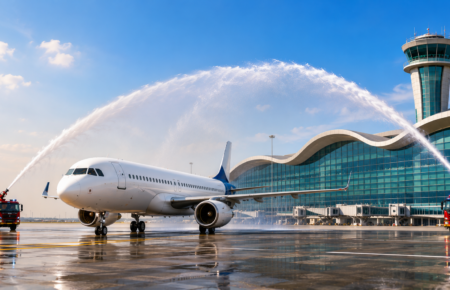 A commercial aircraft receives a ceremonial water cannon salute at Noida International Airport, with the modern terminal building in the background.