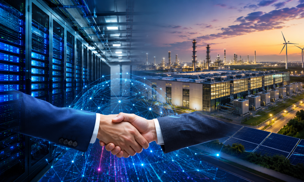 Illustration of a modern data centre and industrial complex connected by a digital network, symbolising Meta and Reliance's partnership to build AI infrastructure in India.