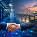 Illustration of a modern data centre and industrial complex connected by a digital network, symbolising Meta and Reliance's partnership to build AI infrastructure in India.