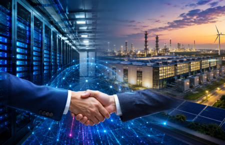 Illustration of a modern data centre and industrial complex connected by a digital network, symbolising Meta and Reliance's partnership to build AI infrastructure in India.
