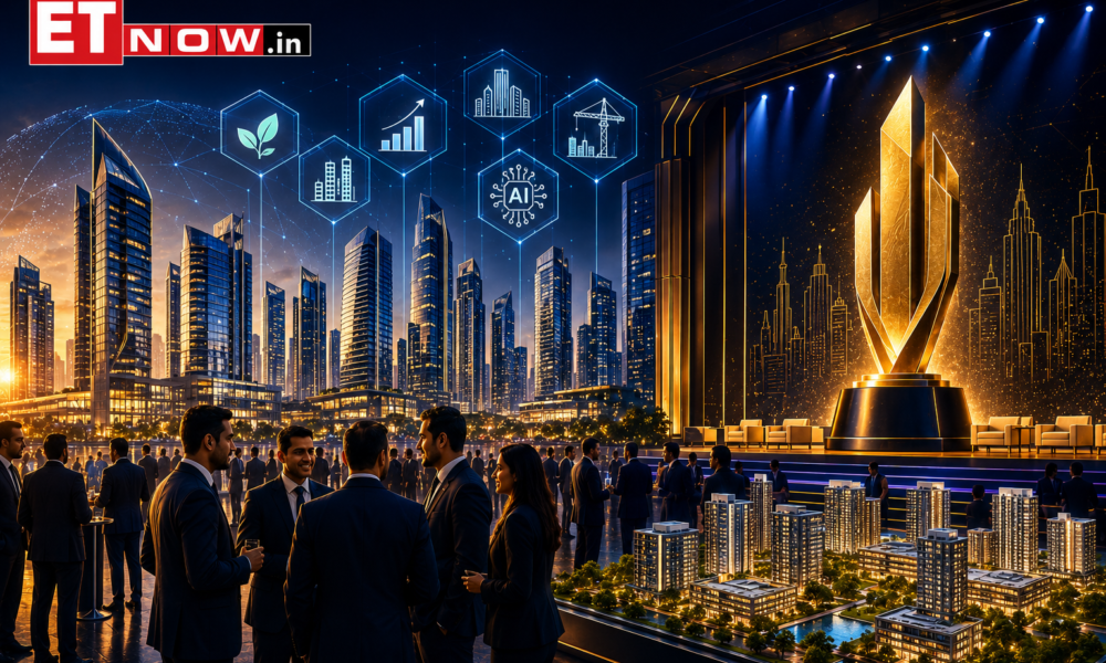 Illustration of a futuristic Indian real estate skyline and industry conclave featuring executives networking, smart city technologies, and an awards stage at the ET Now.in Realty Conclave and Awards 2026.
