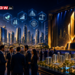 Illustration of a futuristic Indian real estate skyline and industry conclave featuring executives networking, smart city technologies, and an awards stage at the ET Now.in Realty Conclave and Awards 2026.