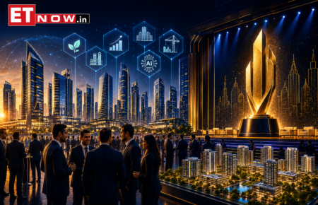 Illustration of a futuristic Indian real estate skyline and industry conclave featuring executives networking, smart city technologies, and an awards stage at the ET Now.in Realty Conclave and Awards 2026.