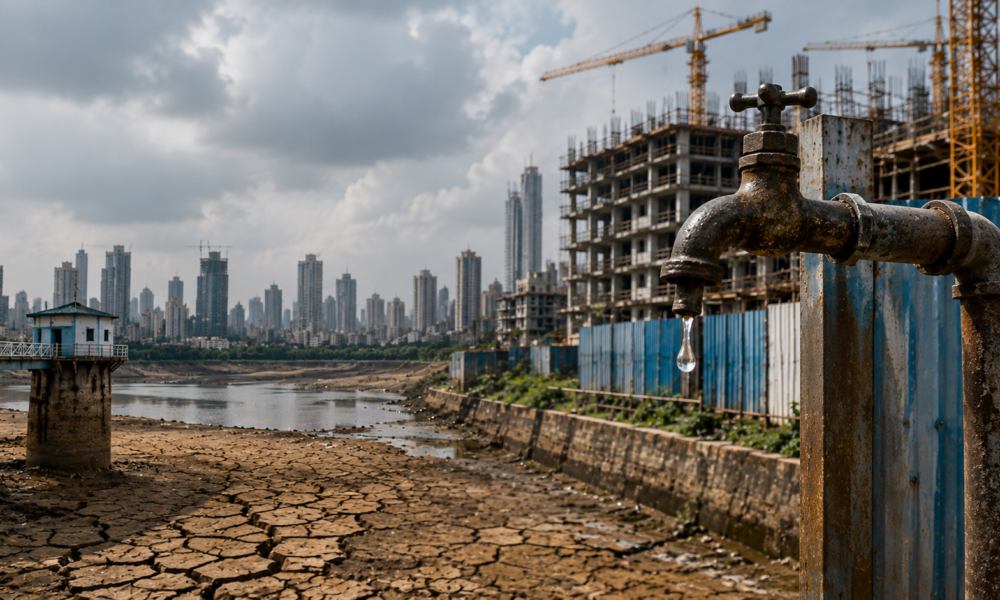A dry water reservoir and under-construction buildings in Mumbai with a dripping water tap in the foreground, illustrating the city's water shortage and its impact on infrastructure projects.