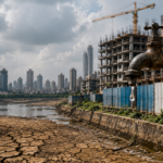A dry water reservoir and under-construction buildings in Mumbai with a dripping water tap in the foreground, illustrating the city's water shortage and its impact on infrastructure projects.