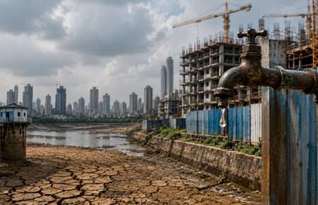 A dry water reservoir and under-construction buildings in Mumbai with a dripping water tap in the foreground, illustrating the city's water shortage and its impact on infrastructure projects.