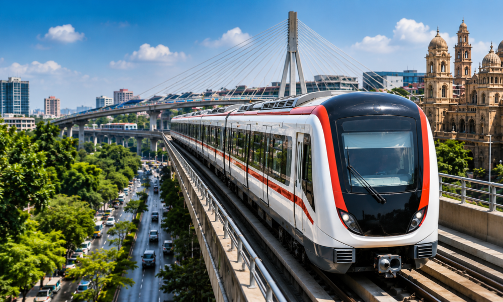 A modern metro train travels on an elevated track through Indore, with urban infrastructure, a cable-stayed bridge and city buildings visible in the background.