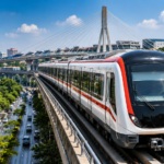 A modern metro train travels on an elevated track through Indore, with urban infrastructure, a cable-stayed bridge and city buildings visible in the background.