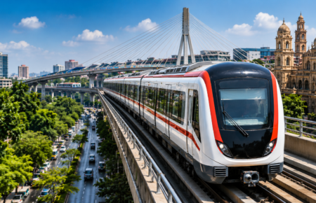 A modern metro train travels on an elevated track through Indore, with urban infrastructure, a cable-stayed bridge and city buildings visible in the background.