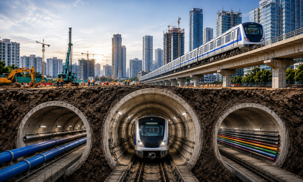 A cross-sectional illustration of underground metro tunnels and utility pipelines beneath a rapidly developing Indian city with elevated metro lines, cranes and high-rise buildings.