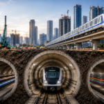 A cross-sectional illustration of underground metro tunnels and utility pipelines beneath a rapidly developing Indian city with elevated metro lines, cranes and high-rise buildings.