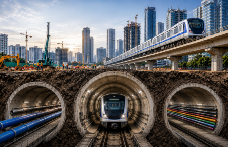 A cross-sectional illustration of underground metro tunnels and utility pipelines beneath a rapidly developing Indian city with elevated metro lines, cranes and high-rise buildings.