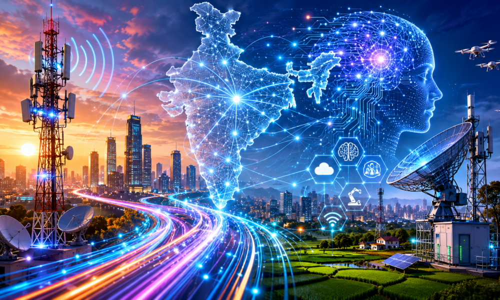 Futuristic illustration showing telecom towers, digital networks, data centres and AI technology powering India's digital infrastructure.