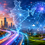 Futuristic illustration showing telecom towers, digital networks, data centres and AI technology powering India's digital infrastructure.