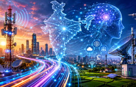 Futuristic illustration showing telecom towers, digital networks, data centres and AI technology powering India's digital infrastructure.