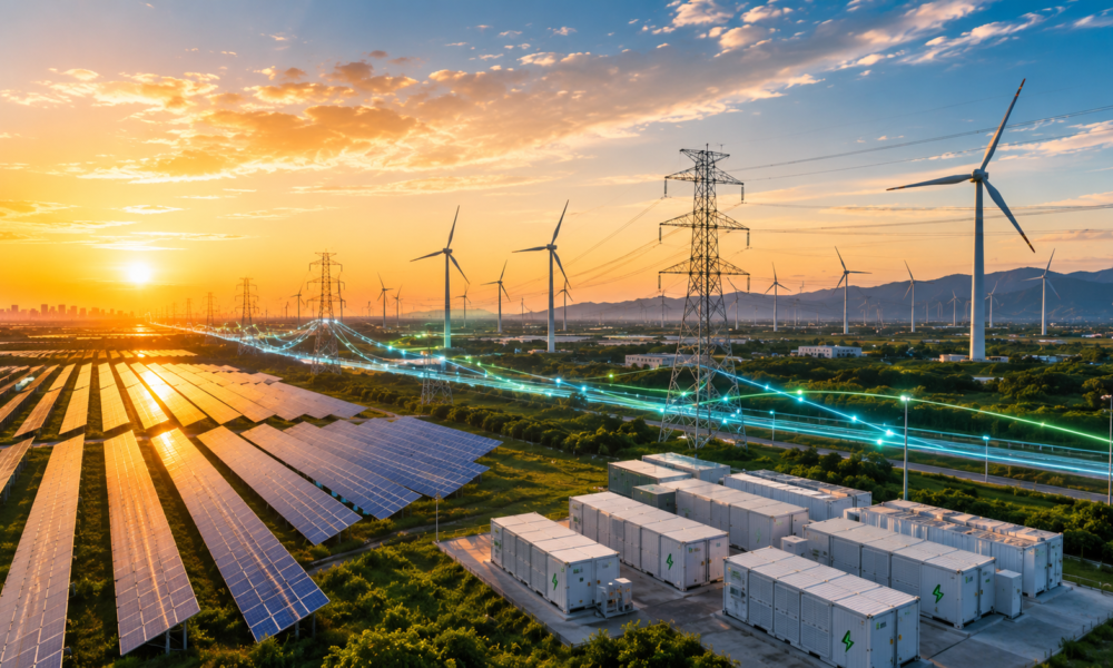 Aerial view of a renewable energy park in India featuring large solar panel arrays, wind turbines, transmission towers and battery storage facilities at sunset.