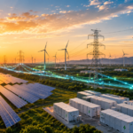 Aerial view of a renewable energy park in India featuring large solar panel arrays, wind turbines, transmission towers and battery storage facilities at sunset.