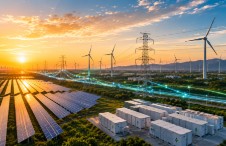 Aerial view of a renewable energy park in India featuring large solar panel arrays, wind turbines, transmission towers and battery storage facilities at sunset.