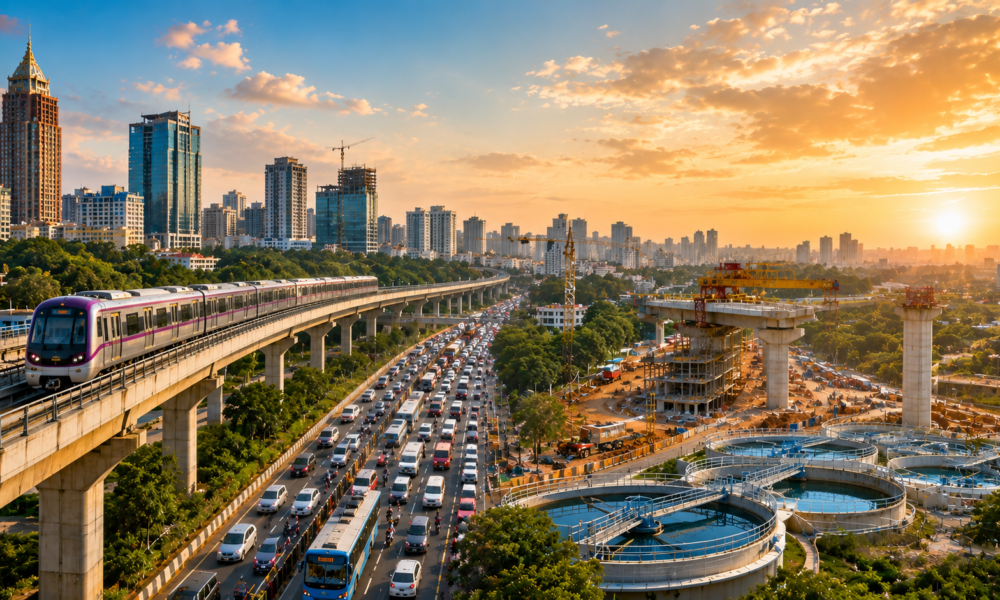Aerial illustration of Bengaluru featuring metro rail infrastructure, heavy traffic, construction sites, water treatment facilities and a modern skyline at sunset.