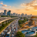 Aerial illustration of Bengaluru featuring metro rail infrastructure, heavy traffic, construction sites, water treatment facilities and a modern skyline at sunset.