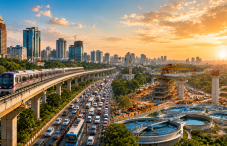 Aerial illustration of Bengaluru featuring metro rail infrastructure, heavy traffic, construction sites, water treatment facilities and a modern skyline at sunset.