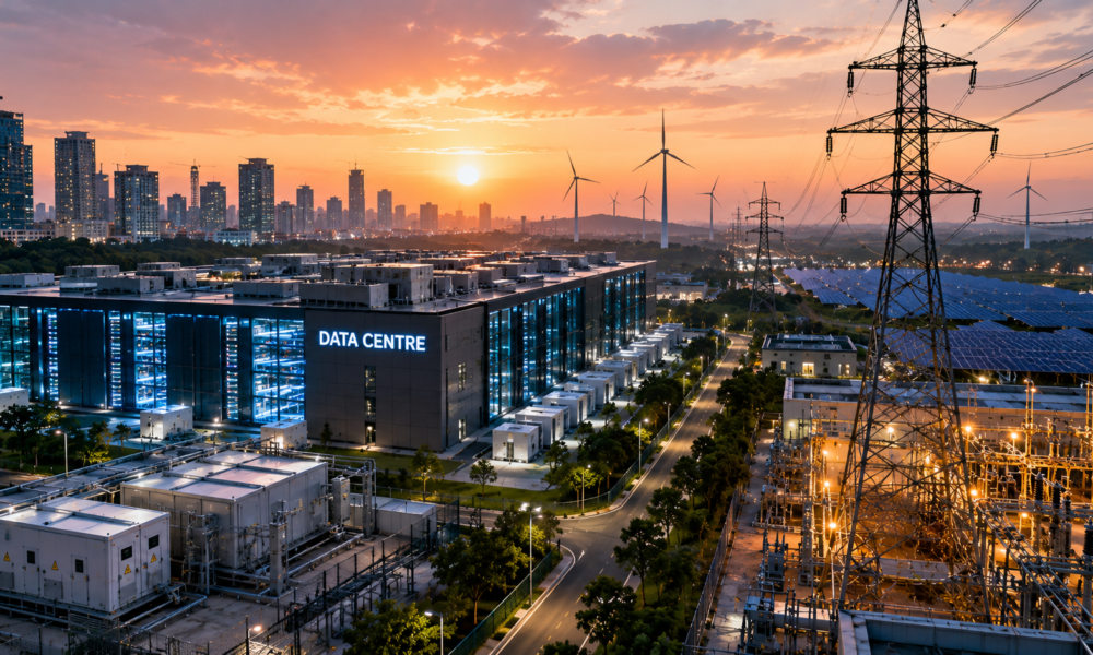 A modern data centre campus in India surrounded by transmission towers, solar panels, wind turbines and power infrastructure against a city skyline at sunset.