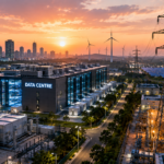 A modern data centre campus in India surrounded by transmission towers, solar panels, wind turbines and power infrastructure against a city skyline at sunset.