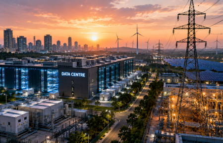 A modern data centre campus in India surrounded by transmission towers, solar panels, wind turbines and power infrastructure against a city skyline at sunset.