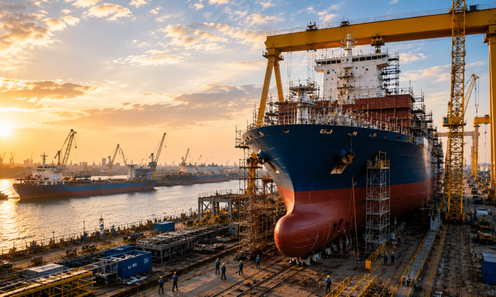A large cargo ship under construction at a modern shipyard in Gujarat, surrounded by gantry cranes, dry dock infrastructure and port facilities at sunset