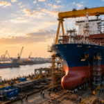 A large cargo ship under construction at a modern shipyard in Gujarat, surrounded by gantry cranes, dry dock infrastructure and port facilities at sunset