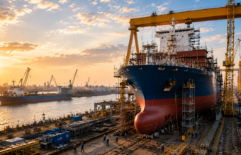 A large cargo ship under construction at a modern shipyard in Gujarat, surrounded by gantry cranes, dry dock infrastructure and port facilities at sunset