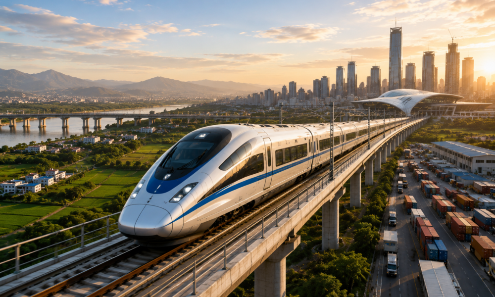 A high-speed train travels on an elevated rail corridor connecting agricultural land, industrial zones and a modern city skyline at sunset, representing India's future high-speed rail network.