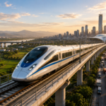 A high-speed train travels on an elevated rail corridor connecting agricultural land, industrial zones and a modern city skyline at sunset, representing India's future high-speed rail network.