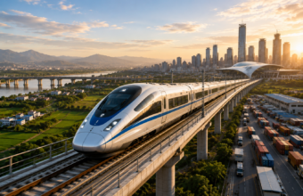A high-speed train travels on an elevated rail corridor connecting agricultural land, industrial zones and a modern city skyline at sunset, representing India's future high-speed rail network.