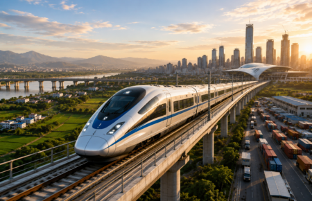 A high-speed train travels on an elevated rail corridor connecting agricultural land, industrial zones and a modern city skyline at sunset, representing India's future high-speed rail network.