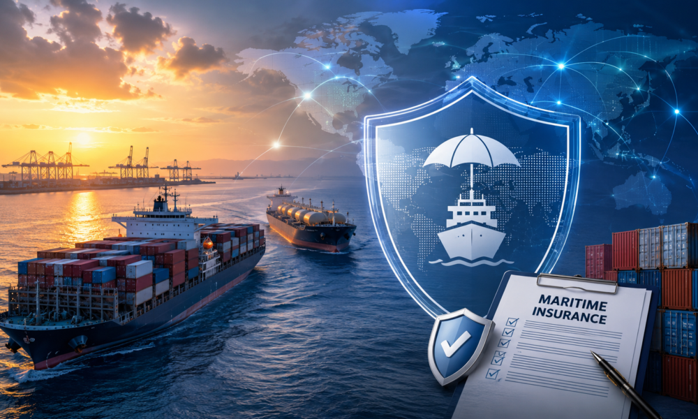 Illustration showing cargo ships and an oil tanker sailing through a strategic maritime corridor with a digital shield, global network map and port cranes, representing India's maritime insurance initiative and energy security.
